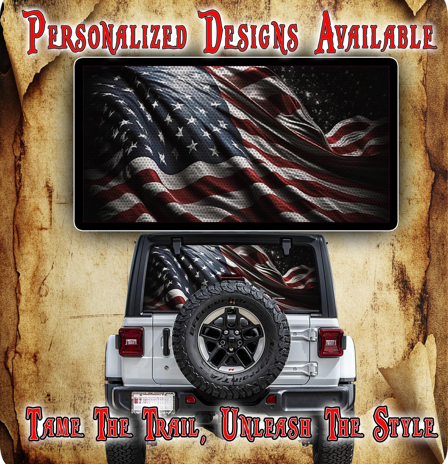 American flag Rear window see through graphic.