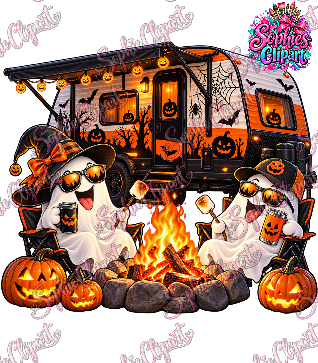 Sophie Clipart Halloween ghosts camping watermarked digital PNG preview