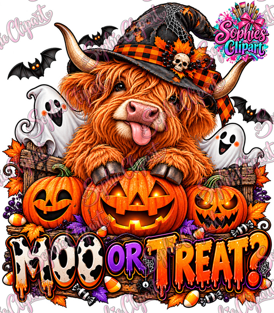 Sophie Clipart Moo or Treat Highland cow Halloween watermarked digital PNG preview