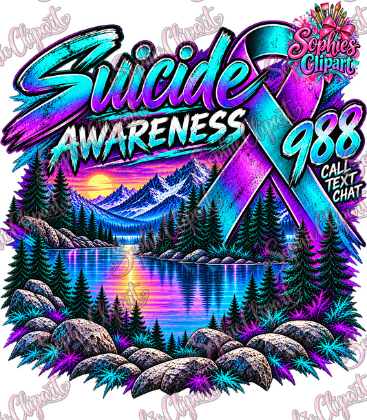 Watermarked Sophie Clipart Suicide Awareness 988 teal and purple ribbon design