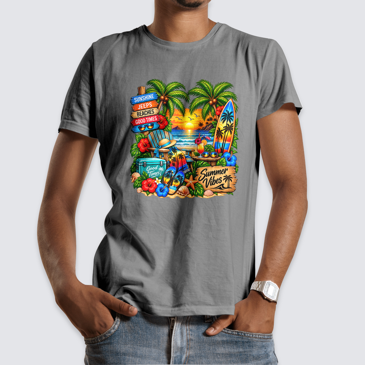 Summer Vibes tropical beach sunset design on a gray T-shirt