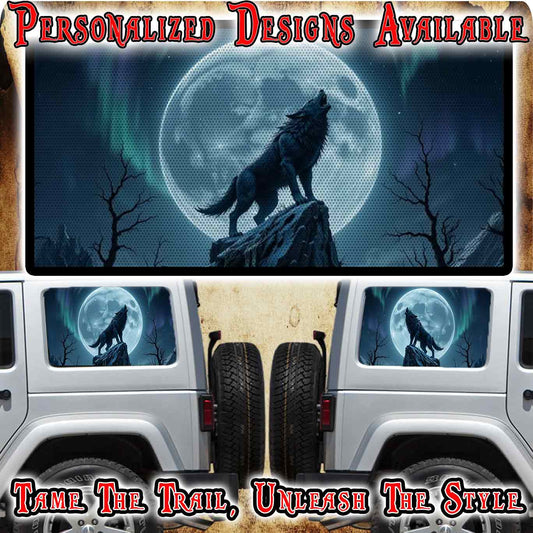 Wolf and blue moon Rear quarter window see through graphic.